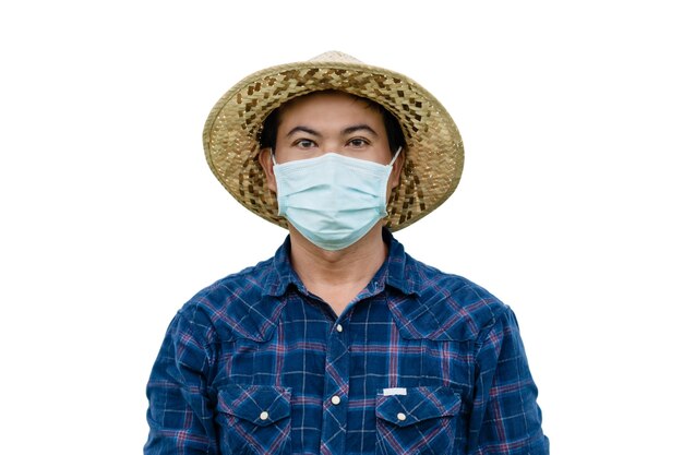 Portrait of thai farmer wearing protective mask isolated.