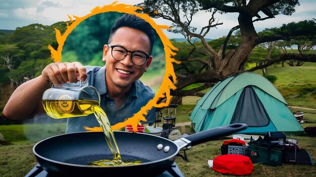 Portrait thai traveler man glasses pouring sunflower oil into a frying pan outdoor cooking travelin