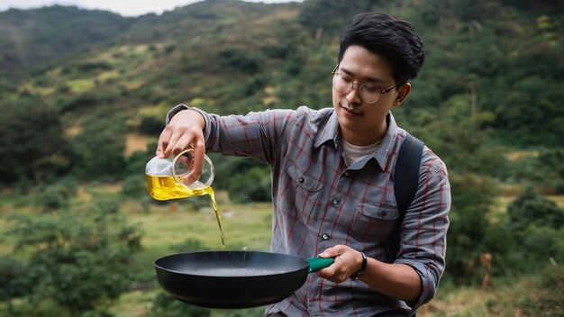 Photo portrait thai traveler man glasses pouring sunflower oil into a frying pan outdoor cooking travelin