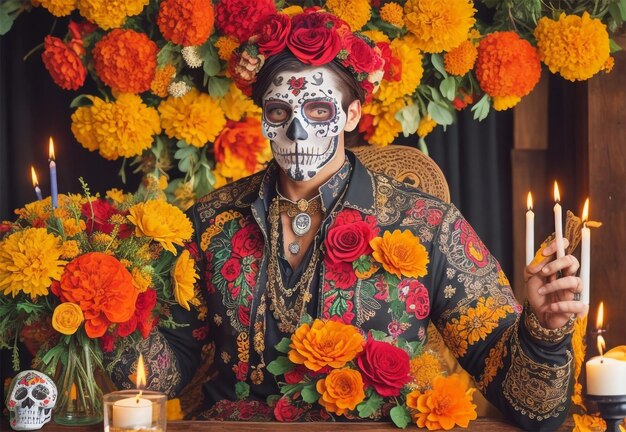 Portrait that showcases a man wearing an intricate and traditional day of the dead costume