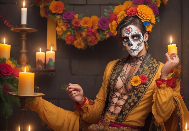 Portrait that showcases a man wearing an intricate and traditional day of the dead costume