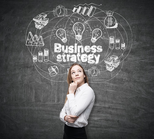 Portrait of a thoughtful blond woman standing near a blackboard with business strategy drawing on it.