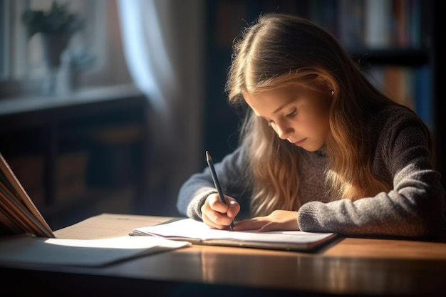 Photo portrait of thoughtful girl doing homework ai generative