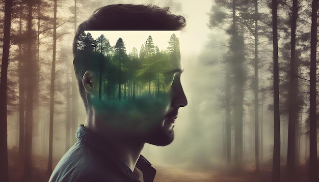숲 풍경 사진과 결합된 사려 깊은 남자의 초상화