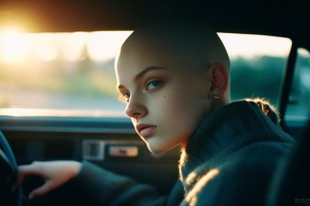 Portrait of thoughtful sadness with oncology young woman hairless after chemotherapy Deep thinking sick bald youth female girl with cancer feeling disappointment generated AI