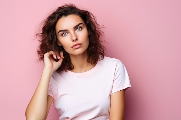 Portrait of a thoughtful young casual girl wearing a tshirt