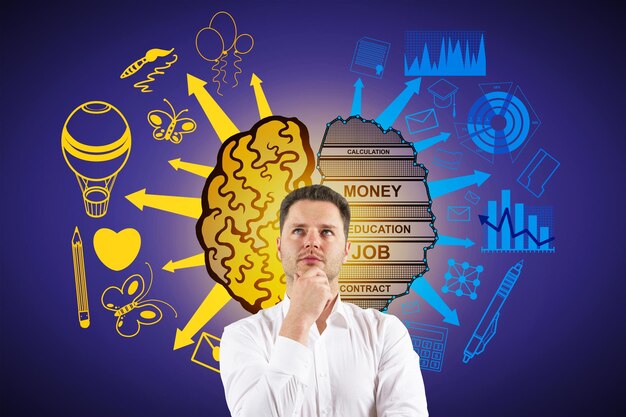 Photo portrait of thoughtful young european businessman with creative brain sketch with creative and analytical side on blue wall background science mind and creativity concept