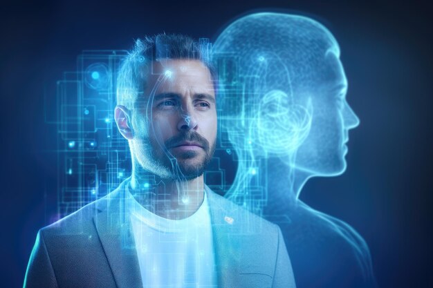 Портрет вдумчивого молодого человека с голограммой мозга на синем фоне Двойная экспозиция Человек на размытом фоне с использованием цифровой медицинской голографической проекции 3D-рендерирования ИИ