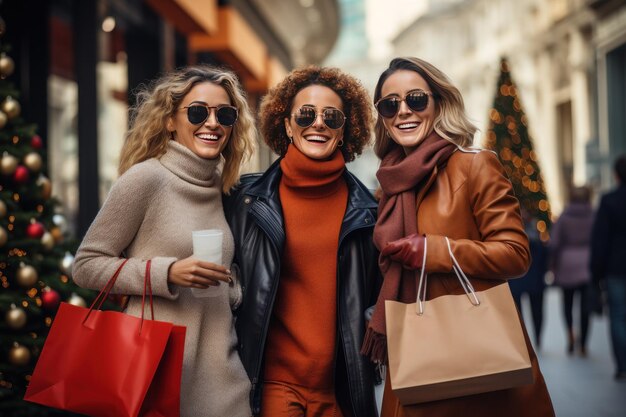 Portrait of three happy young women during the shopping Generative AI