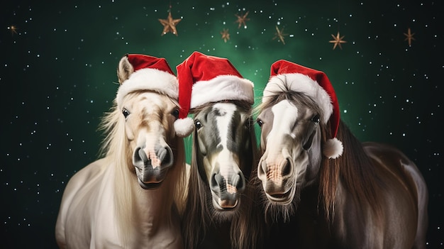 Photo portrait of three horses in santa hats celebrate christmas on green background