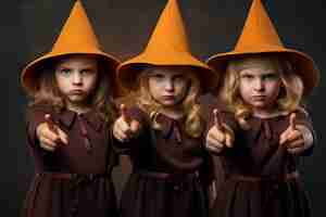 Photo portrait of three little girls in halloween costumes looking at camera with frightening gesture