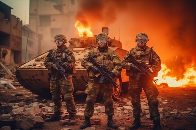 Portrait of three military men A group of soldiers on a background tank of fire in ruin city War operations special forces Generative AI