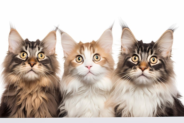 Photo portrait of three surprised cats maine coon british bengal