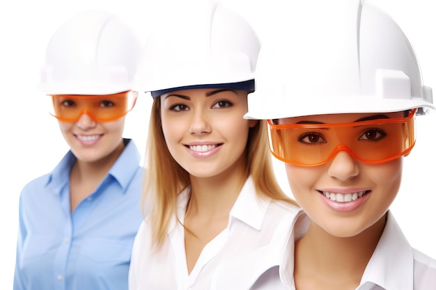 Portrait of three working girls with white protective helmets Shot in studio with white background