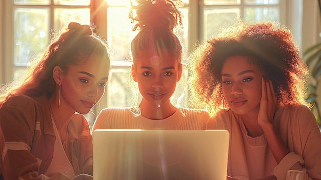 Портрет трех молодых афроамериканских женщин, использующих ноутбук во время работы дома