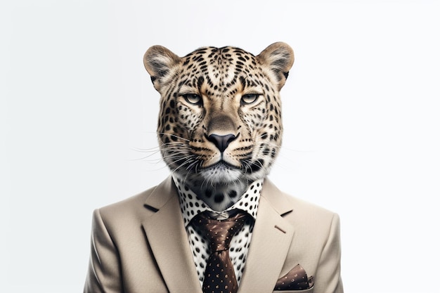 Portrait of a tiger in a businessman suit on a gray background