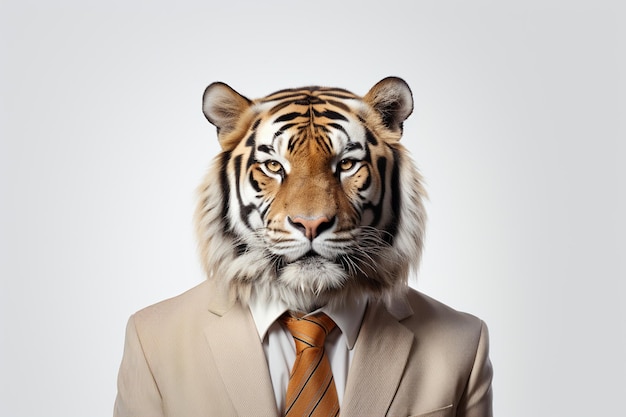 Portrait of a tiger in a businessman suit on a gray background