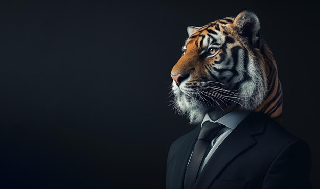 Portrait of a tiger dressed in an elegant suit on a dark background with copyspace