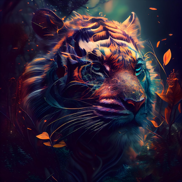 Portrait of a tiger in the forest Colorful fantasy illustration