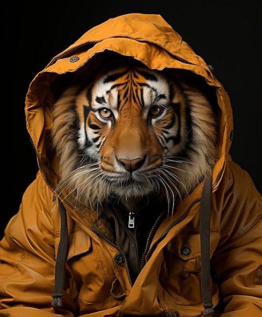 Portrait of a tiger wearing an orange hooded jacket Studio shot on a black background