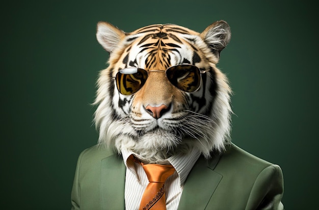 Portrait of tiger with sunglasses wearing suit and tie on solid green background Generative AI