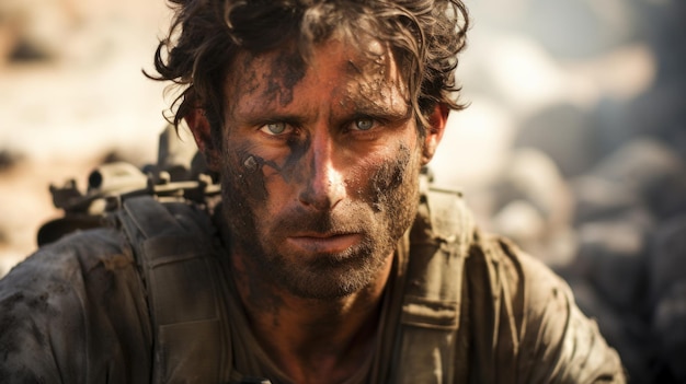 Portrait of tired dirty soldier during war closeup muddy face of veteran in summer Eyes of depressed Israeli army man after battle Concept of Israel ptsd stress military dirt mud Generative AI