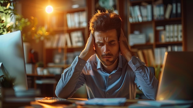 Portrait of a tired man suffering from headache or eye strain after long hours computer work at night