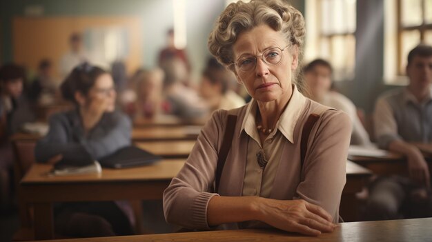 Portrait of a tired woman teacher sitting in class at the table daylight