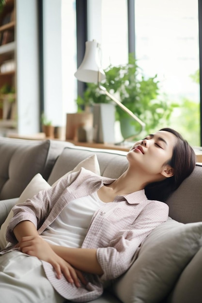 portrait of tired young woman enjoy relaxing on home sofa in room happy pretty girl lying on couch