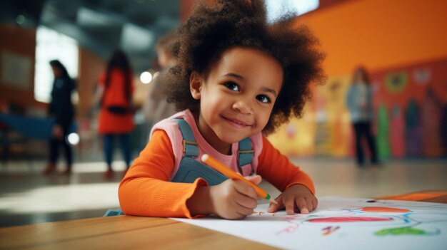 Portrait of a toddler girl sitting at a desk at kindergarten preschool and eduction