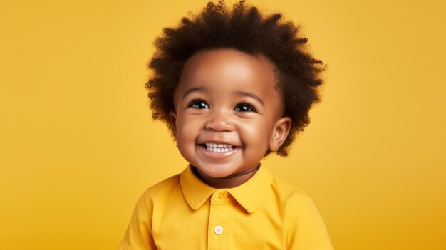 Portrait of a toddler posing against a yellow background happy smiling boy