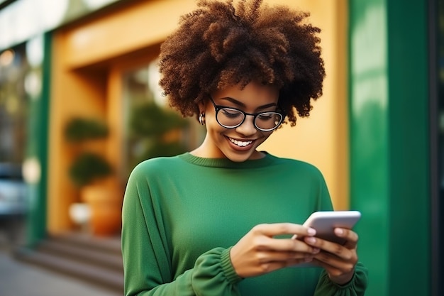 Portrait of toothy beaming nice African American woman wear stylish tshirt in eyewear hold smartphone arm