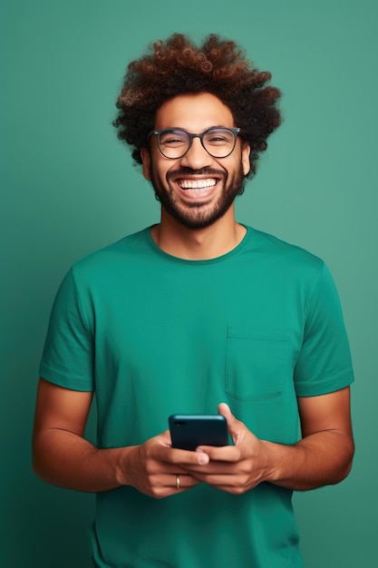 Photo portrait of toothy beaming nice person wear stylish tshirt in eyewear hold smartphone arm in pocket isolated on green color background