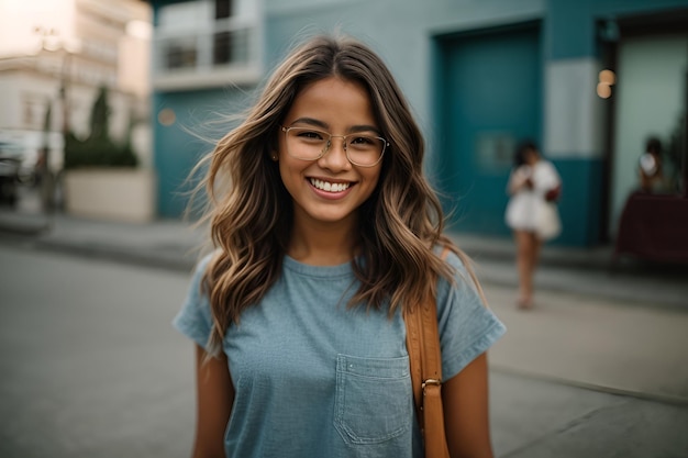 Portrait of toothy smiling girl standing holding her glasses and looking at camera with happy face