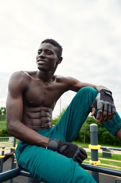 Portrait of topless afcan sportsman ready to training