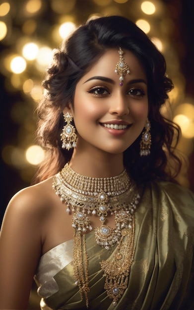 Portrait of traditional Indian silky saree blouse with golden jewelry wearing a Beautiful Asian Girl