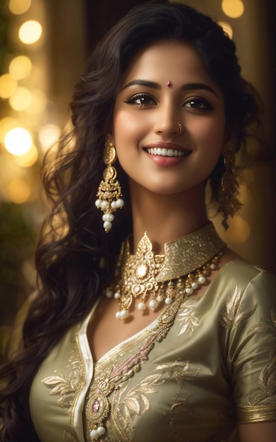 아름 다운 아시아 소녀를 입고 황금 보석으로 전통적인 인도 실크 saree 블라우스의 초상화