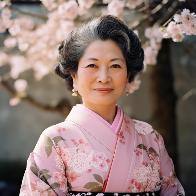 Photo portrait of a traditional old woman from japan in pink floral kimono