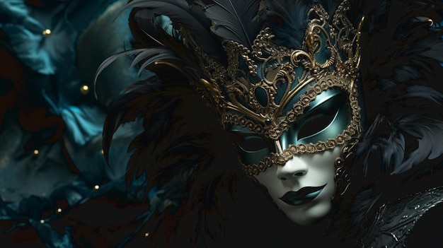 Портрет традиционной венецианской маски на деревянной поверхности, таинственно появляющейся из темноты.