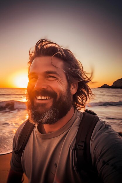 Portrait of traveler man walking with backpack on the shore with ocean and sunset in background Happy male people smile and enjoy nature sea in outdoors leisure activity on travel destination alone