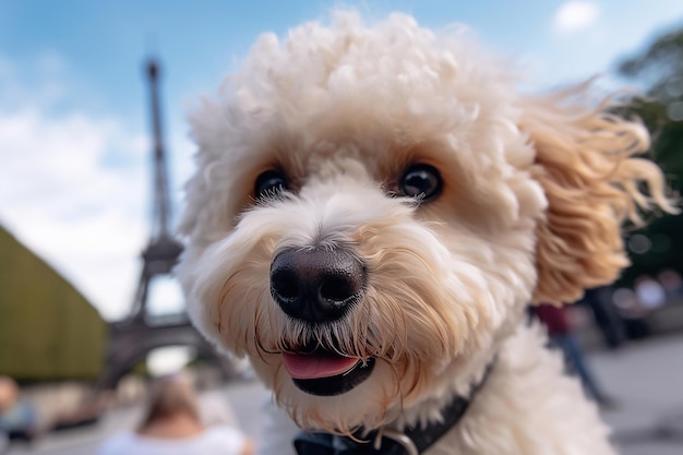 Portrait of traveler a white poodle against the backdrop of the Eiffel tower created with Generative AI technology