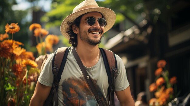 Photo a portrait of a traveler with a backpack walking around the outdoor local market travel holiday