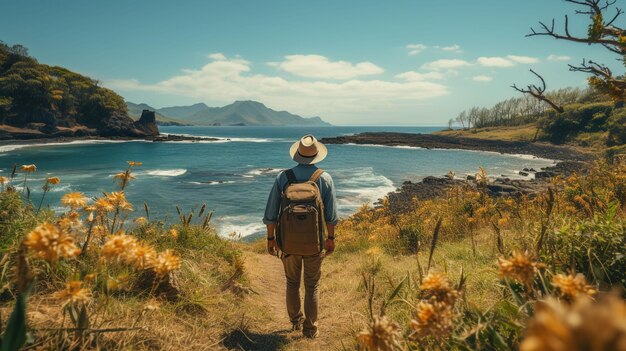 Un ritratto di un viaggiatore con uno zaino che cammina sulla spiaggia viaggio vacanza viaggio