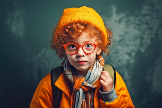 Portrait of Trendy preschool boy in autumn spring outfit with backpack School Kid's fashion concept