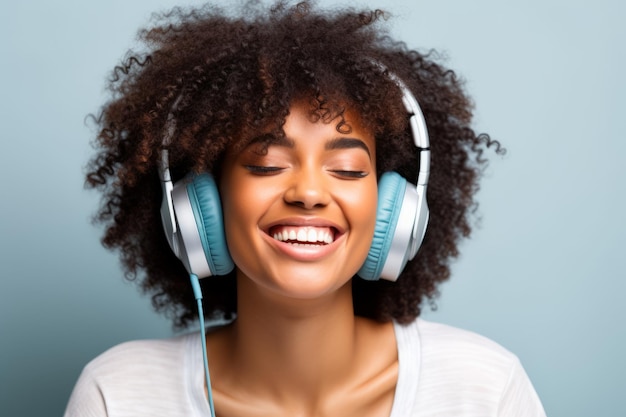 음악을 듣고 헤드폰을 착용 한 매우 아름다운 아프리카계 미국인 젊은 여성의 초상화