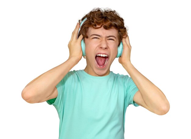 Photo portrait of trendy young man screaming with headphones isolated on a white background