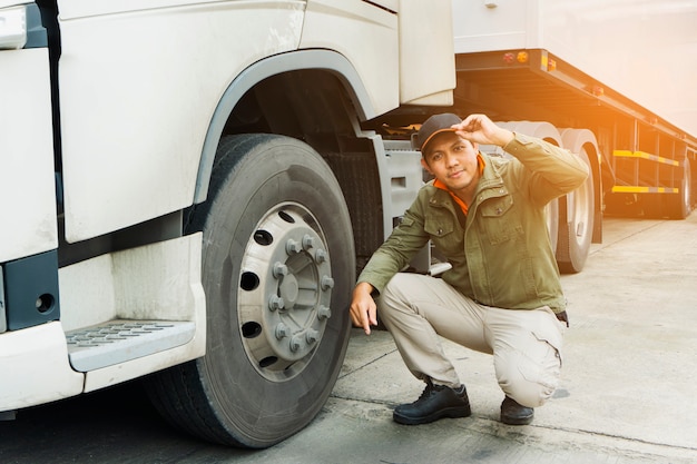 Portrait of truck driver inspecting safety the truck wheels