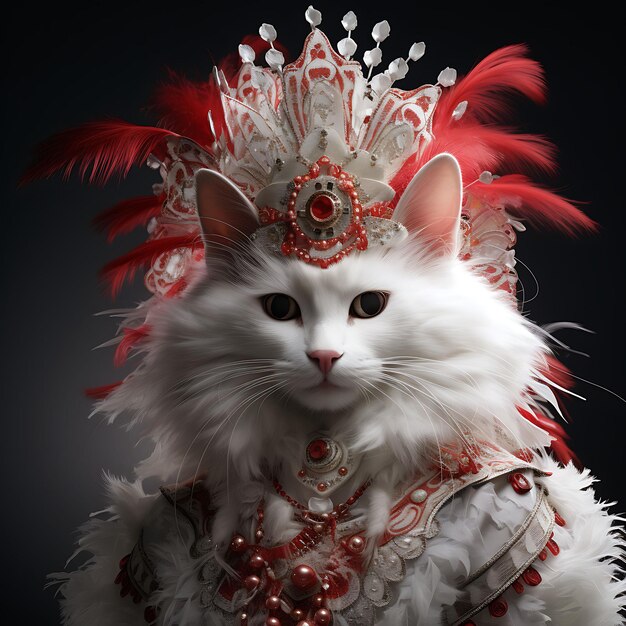 Portrait of turkish angora cat adorned with a feathered headdress for th pet festive costume photo