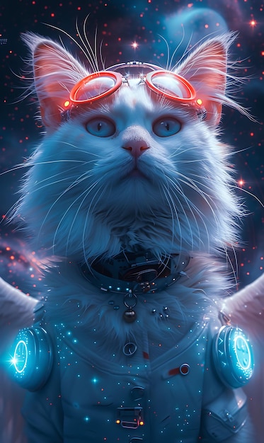 Портрет турецкой кошки-ангоры с кибернетическим прикреплением крыльев и флаером F Cyber Poster Banner