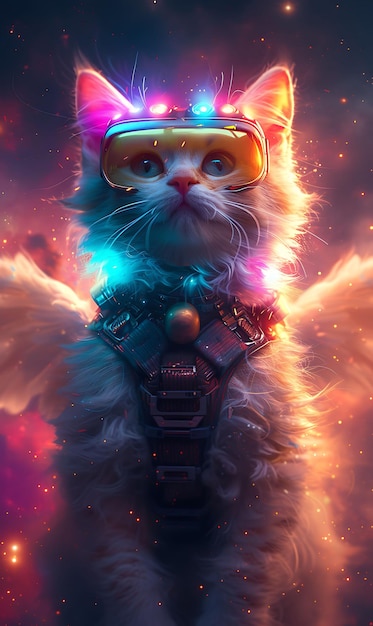 Portrait of Turkish Angora Cat With a Cybernetic Wing Attachment and a F Cyber Poster Banner Flyer